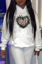 White Casual Daily Print Leopard Draw String Hooded Collar Tops
