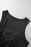 Black Casual Letter Hot Drilling Patchwork O Neck Sleeveless Two Pieces