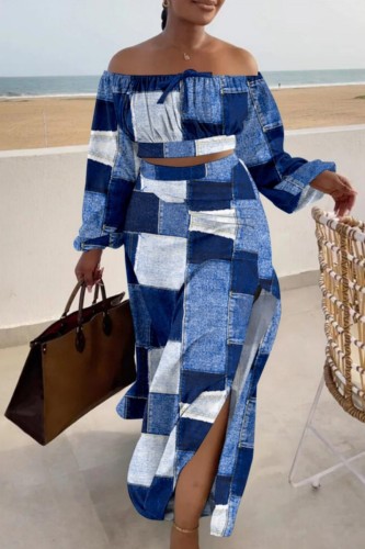 Royal Blue Casual Print Patchwork Slit Off the Shoulder Long Sleeve Two Pieces