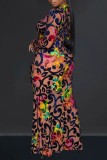 Kaki casual print patchwork V-hals lange jurkjurken