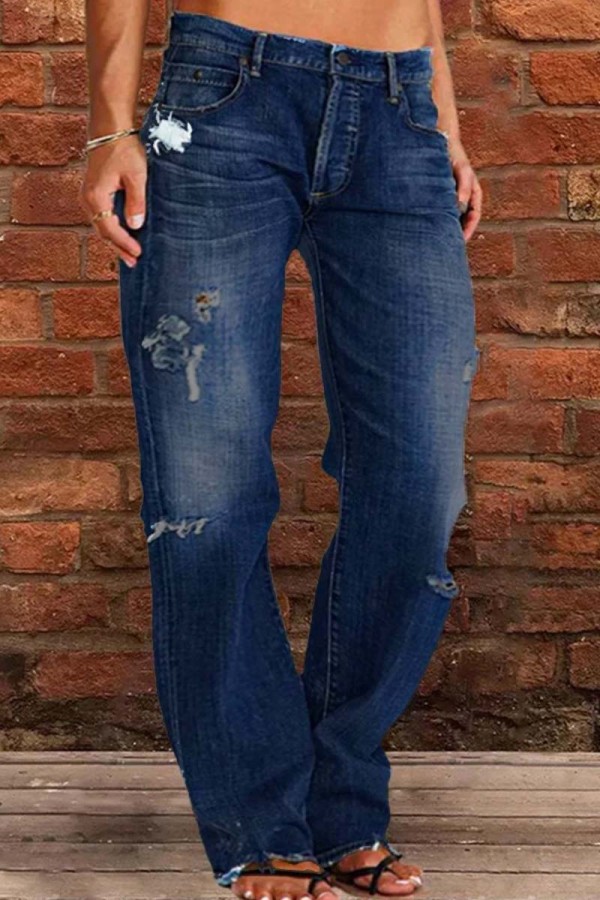 Jeans jeans regular azul escuro casual sólido patchwork rasgado cintura média