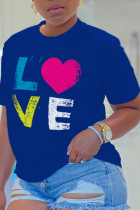 Königsblaue Patchwork-T-Shirts mit O-Ausschnitt und süßem Tagesdruck
