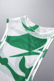 Чернильный зеленый сексуальный принт с выдолбленным прозрачным асимметричным вырезом на спине Половина водолазки без рукавов из трех предметов