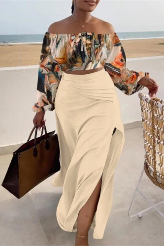 Khaki Casual Print Patchwork Slit Off the Shoulder Long Sleeve Two Pieces