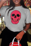 Svart Vintage Skull Patchwork O-hals T-shirts