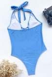 Costumi da bagno senza schienale patchwork scavati con stampa animalier blu sexy