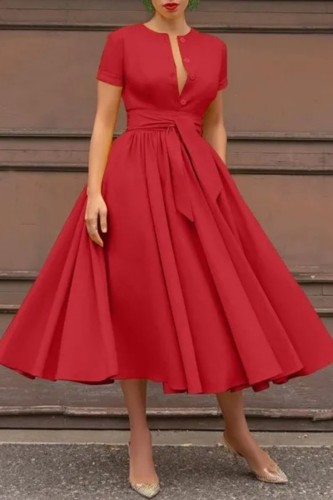 Red Casual Solid Patchwork With Belt Shirt Collar Short Sleeve Dress