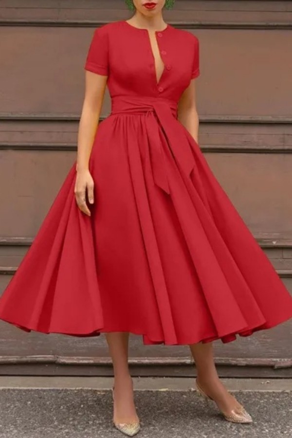 Red Casual Solid Patchwork With Belt Shirt Collar Short Sleeve Dress