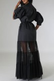 Zwart casual effen patchwork kraag overhemdjurk jurken (met een riem)