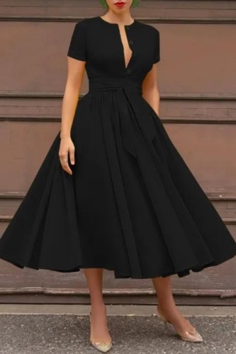 Black Casual Solid Patchwork With Belt Shirt Collar Short Sleeve Dress