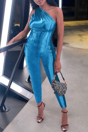 Blue Casual Solid Backless Oblique Collar Skinny Jumpsuits