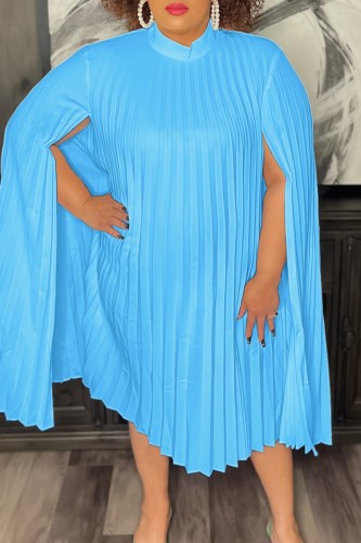 Sky Blue Casual Solid Pleated Half A Turtleneck A Line Dresses