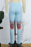 Голубые классические повседневные брюки с принтом в стиле кэжуал с высокой талией и принтом-карандаш