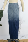 Blue Casual Gradual Change Ombre Print Patchwork High Waist Skinny Denim Maxi Skirts (Subject To The Actual Object)