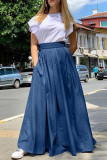 Deep Blue Casual Solid Patchwork Regular High Waist Conventional Solid Color Skirt