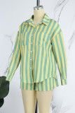 Rose Red Casual Striped Print Patchwork Turndown Collar Long Sleeve Two Pieces