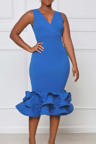 ブルー ファッション セクシー ソリッド パッチワーク V ネック イブニング ドレス