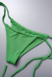Vert encre imprimé sexy évidé transparent dos nu asymétrique demi col roulé sans manches ensemble trois pièces