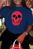 T-shirts bleu marine Vintage Skull Patchwork O Neck
