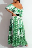 Groene casual print patchwork off-shoulder lange jurk (zonder riem)
