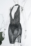 Vestido sin mangas con cuello halter y abertura sin espalda con perforación en caliente de patchwork sexy negro Vestidos