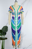 Blue Elegant Print Patchwork Fold V Neck Wrapped Skirt Short Sleeve Dress