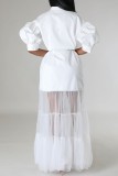 Branco Casual Sólido Patchwork Camisa com Gola Desligada Vestidos Vestidos (Com cinto)