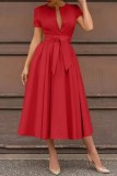Red Casual Solid Patchwork With Belt Shirt Collar Short Sleeve Dress