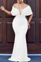 Weiße, sexy, formelle, solide, rückenfreie Abendkleider mit V-Ausschnitt