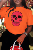 Svart Vintage Skull Patchwork O-hals T-shirts