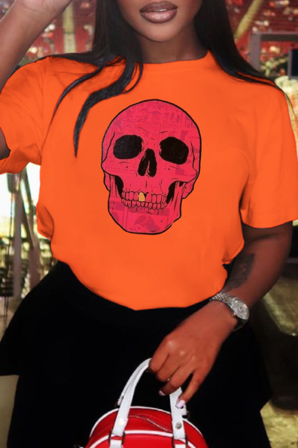Oranje vintage schedel patchwork O-hals T-shirts