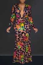 Длинное платье цвета хаки с принтом в стиле пэчворк и V-образным вырезом Платья