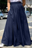 Navy Blue Casual Solid Patchwork Regular High Waist Conventional Solid Color Skirt
