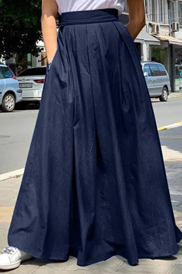 Falda color sólido convencional de cintura alta regular de patchwork sólido casual azul profundo
