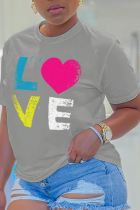 Hellgraue Patchwork-T-Shirts mit O-Ausschnitt und süßem Alltagsdruck
