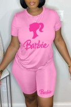 Pink Casual Print Basic O Neck Short Sleeve Two Pieces