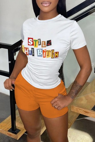 White Orange Casual Print Basic O Neck Short Sleeve Two Pieces