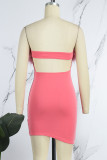 ピンクのセクシーなソリッドパッチワークバックレスストラップレスラップスカートドレス