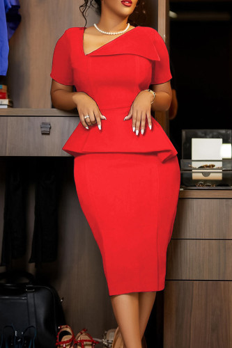 Watermelon Red Casual Solid Patchwork Oblique Collar Pencil Skirt Short Sleeve Dress