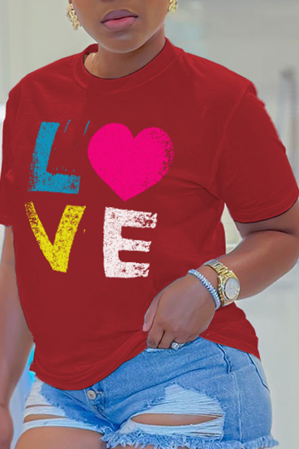 Camisetas con cuello en O de patchwork con estampado diario dulce rojo