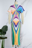 Blue Elegant Print Patchwork Fold V Neck Wrapped Skirt Short Sleeve Dress
