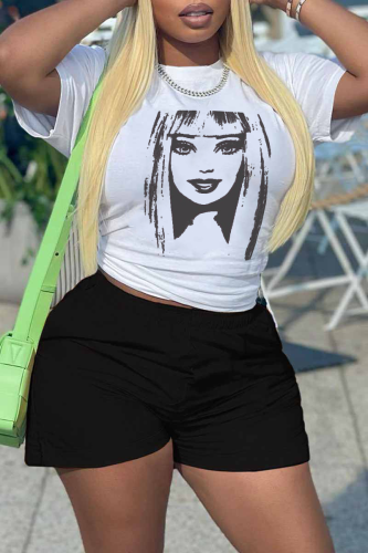 White Daily Vintage Print Patchwork O Neck T-Shirts