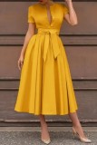 Red Casual Solid Patchwork With Belt Shirt Collar Short Sleeve Dress