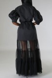 Черное повседневное однотонное платье-рубашка в стиле пэчворк с отложным воротником Платья (с поясом)