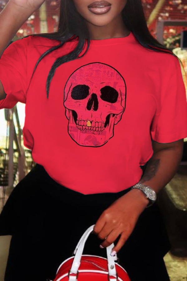 Rote Vintage-Totenkopf-Patchwork-O-Ausschnitt-T-Shirts