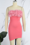 ピンクのセクシーなソリッドパッチワークバックレスストラップレスラップスカートドレス