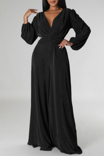 Black Casual Solid Patchwork V Neck Regular Jumpsuits