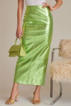 Faldas de color sólido convencional de cintura alta con abertura sólida casual verde
