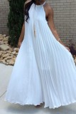 ホワイト カジュアル ソリッド 小帯 プリーツ O ネック ロング ドレス ドレス