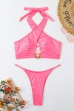 Pink Sexy Solid Hollowed Out Backless Swimwears (With Paddings)